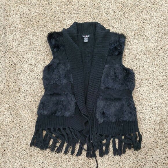 love lola Sweater Womans L Sleeveless Vest Knitted Faux Fur Fringed Black Front - Picture 2 of 12